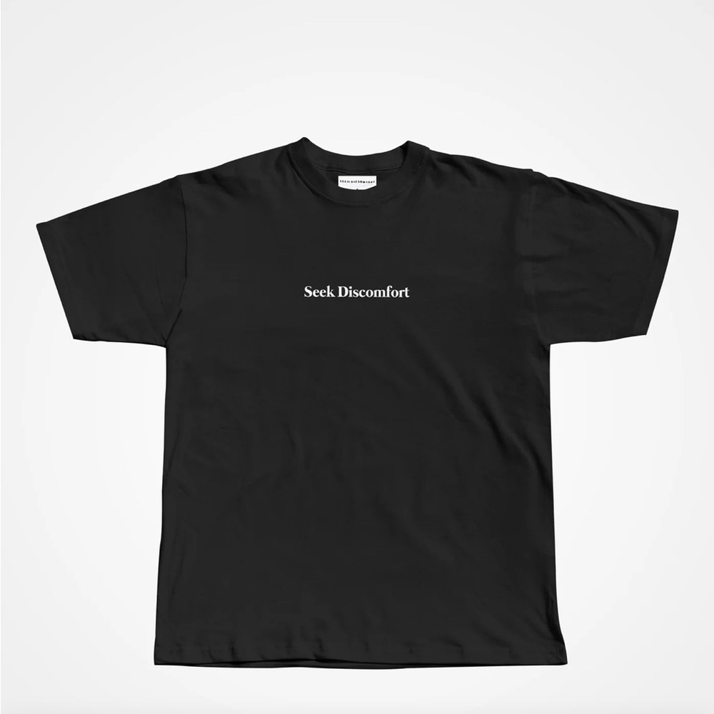 Seek Discomfort Black T-Shirt with embroidered logos